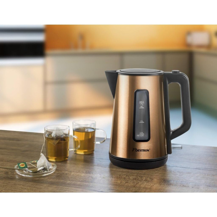 Bestron 1.7L Electric Kettle with 360° Base, Auto Shut-Off & Boil-Dry Protection - Black/Wood (Copper) Finish