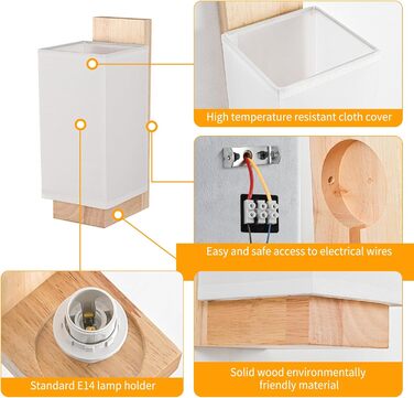 Настінний світильник Gleonlux з дерева, вінтажний стиль, E14, тканинний, для дому, індустріальний, для сходищ, вітальні, спальні, коридору, квадратний (10x12x25)