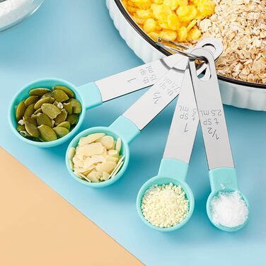 FLaig 8-Piece Plastic Measuring Cup and Spoon Set, Stackable Cups and Spoons, Nesting Measuring Cups with Stainless Steel Handles, Small Teaspoon Spoon