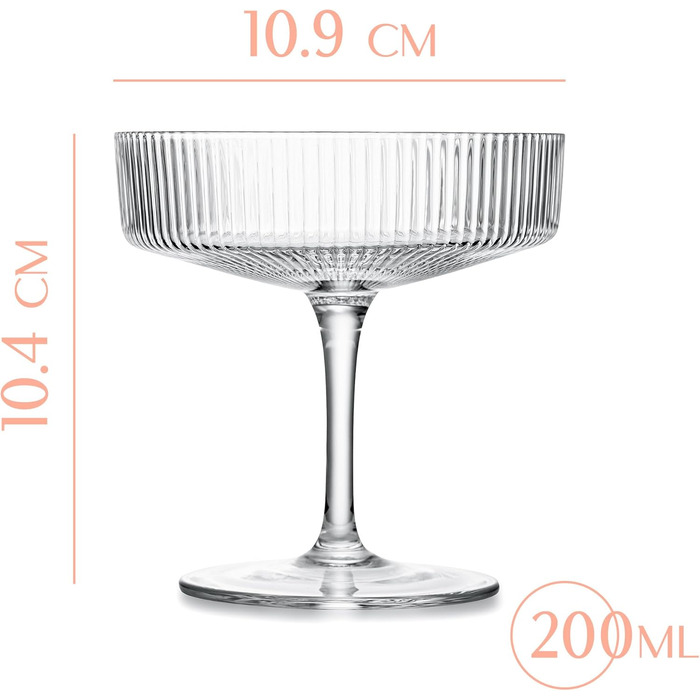 GLASSIQUE CADEAU Набір келихів Vintage Art Deco (4 шт., 200 мл) | Келихи для коктейлів, шампанського, еспресо мартіні, дайкірі | Скляні чаші з кристалу для Speakeasy