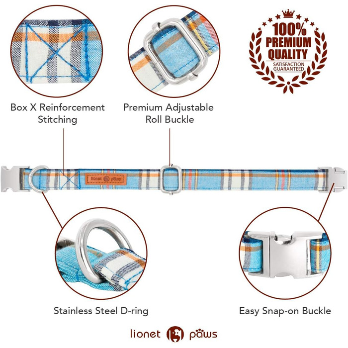 Нашийник для собак Lionet Paws з метеликом, бавовна, металевий замок, XL, 40-66 см, блакитний в клітинку