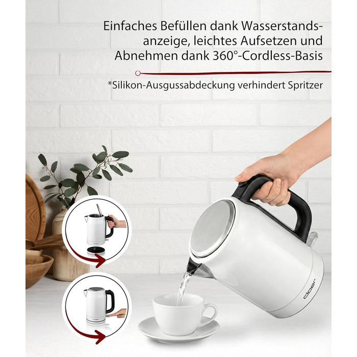 Електричний чайник Cloer 4511 з нержавіючої сталі, 2200 Вт, білий, 1.7 л, з індикатором рівня води та захистом від сухого кипіння та перегріву