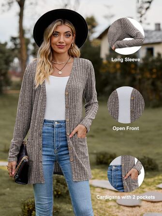 Кардиган жіночий з довгим рукавом Famulily, відкритий ззаду, V-подібний виріз, легкий, з кишенями (L, Кофе)