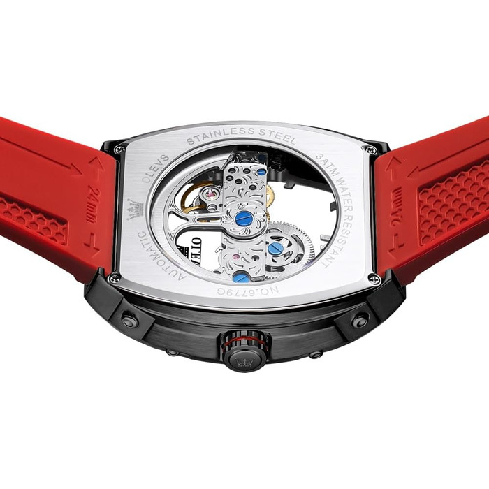 Чоловічий скелетонний годинник OLEVS автоматичний, розкішний годинник зі сталі з великим циферблатом, календарем та підсвіткою, водонепроникний (Колір: Червоний)