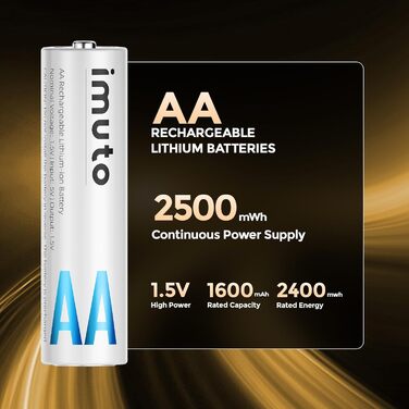Imuto Акумулятори Li-Ion AA 2500mAh, 8 шт. з зарядним пристроєм, 1.5V, 1600+ циклів, низький саморозряд, 4CH8AA-2500DE