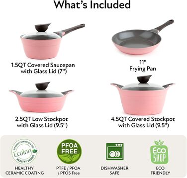 Набір посуду Neoflam Eela 7-Piece з керамічним покриттям, антипригарний, з кришкою, з ручкою, для плити, рожевий