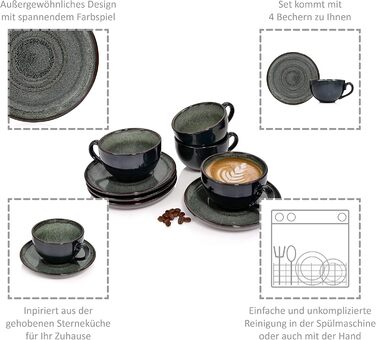 SÄNGER | Copenhagen Coffee Cup Set, 8-Piece, Coffee Service for 4 People, Dishwasher-Safe Coffee Cup and Saucer Set, Stoneware Cup & Saucer Grey with Green Interior 200 ml | PREMIUM COLLECTION Coffee Cups, 4-Piece
