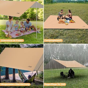 Водонепроникний намет WADEO 3x4 м: брезент для кемпінгу, тент для намету з брусками, кілочками та мотузками, ультралегкий, для кемпінгу та пікніків на природі, хакі