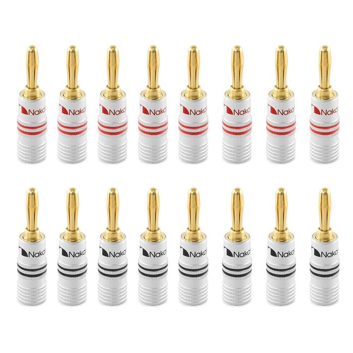 Nakamichi 24K позолочені бананові конектори 12-18 AWG (16 шт.) для аудіокабелів, підсилювачів, Hi-Fi, AV-ресиверів, домашнього кінотеатру