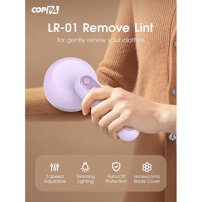 Електричний триммер для одягу Fusselrasierer: 6 лез, 3 швидкості, перезаряджається, з індикатором заряду, для пуловерів та одягу, фіолетовий