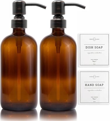 Bernstein Glass Soap Dispensers, 2 Pack, Thick 473 ml Bottles, Stainless Steel Pump, Modern Farmhouse Vintage Glass, Kitchen, with Waterproof Labels (Round Oiled Bronze)