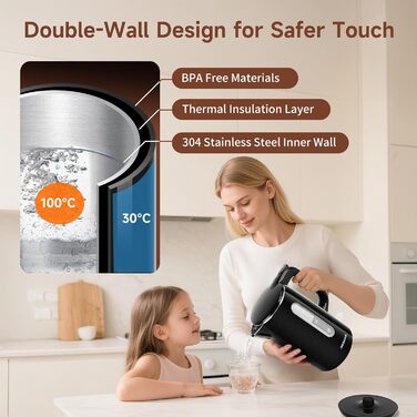 Електричний чайник Aigostar з нержавіючої сталі, чорний, 1.7 л, 2200 Вт - Швидкий кип'ятіння, подвійні стінки, без пластику, індикатор рівня води, автовимкнення, BPA-free, для кухні та офісу