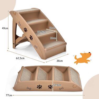 Сходинки для домашніх тварин GYMAX з 4 сходинками, складана драбинка для собак і котів з пластику, з антиковзкими накладками, 4 килимками та трикутною структурою, допомога у підйомі для котів та собак (колір: кава)