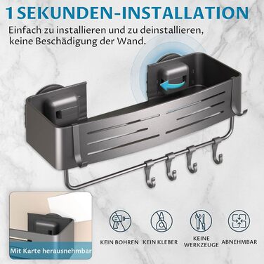 Двомісний кутовий поличний органайзер для душу без свердління, чорний, з кріпленням на присосках, з гачками для рушників та аксесуарів, для шампуню та гелю для душу