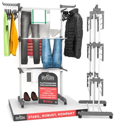 Сушарка для білизни VertiSlim Dry складана, вежа з 4 рівнями, нержавіюча сталь, з колесами та бічними крилами, сіра - для дому та вулиці