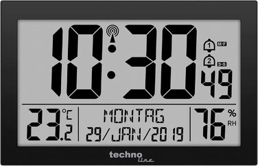 Technoline WS 8016 Modern Digital Radio Wall Clock with Temperature Display, Plastic, White, 225 x 143 x 24 mm WS8016WEISS (Black, Single)