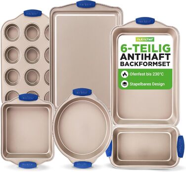 Набір форм для випічки NutriChef 6 шт. – дека для випічки, форма для мафінів, кексова форма з антипригарним покриттям, термостійка до 230°C, стіклива з силіконовими ручками з вуглецевої сталі – ідеально підходить для тортів, хліба та мафінів