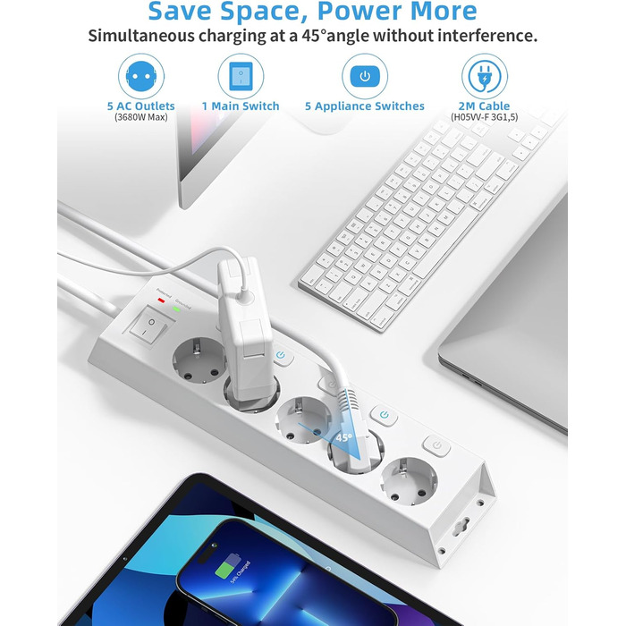 Мережевий фільтр Steckdoseleiste 5-fach з вимикачами, захистом від перенапруги 1050J, для дому та офісу, білий, кабель 2м