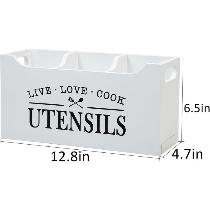 Karisky Kitchen Utensil Holder with Drainage Bottom, Large 3-Compartment Solid Real Wood Utensil Organizer for Countertops, Cooking Tools for Farmhouses for Countertops (White)