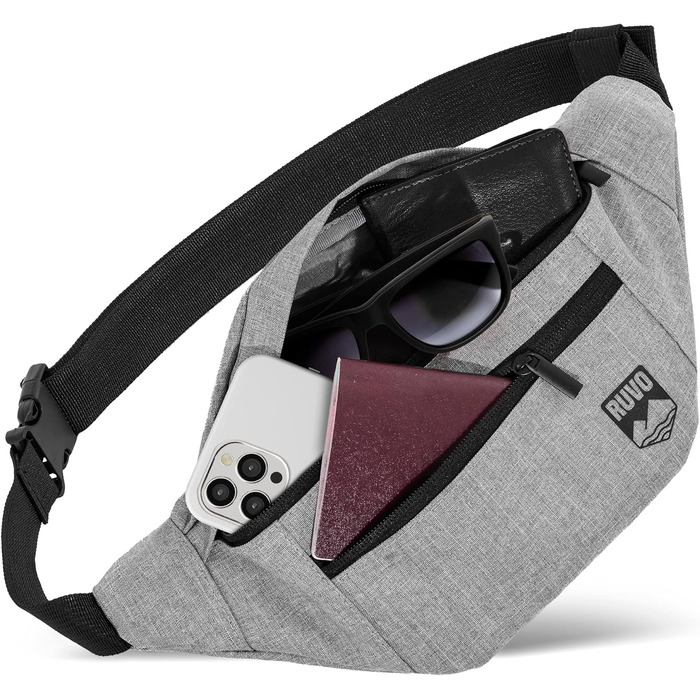 RUVO® Поясна сумка для чоловіків та жінок | стильна сумка на пояс з 4 відділеннями на блискавці | підходить для будь-яких активностей (сіра)