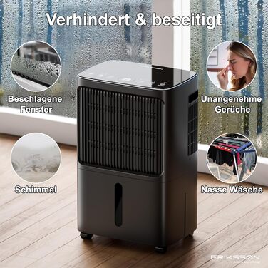 Зволожувач повітря Erikssøn з LED дисплеєм, таймером та захистом для дітей | видаляє 16 л вологи на добу | для приміщень до 140 м³ (70 м²) | енергоефективний зволожувач з датчиком вологості, білий (чорний)
