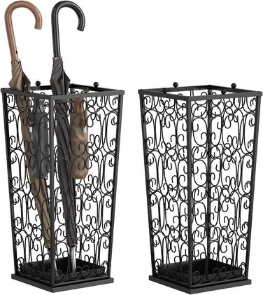 AcornFort Large Black Metal Umbrella Stand with 4 Hooks - Entryway, Office, Hallway Storage - Water Resistant Base (56x25x25cm)