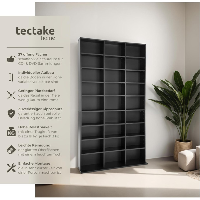 tectake Regal Storage, open shelf cabinet standing for CDs, DVDs, as a bookcase, room divider, stand or display case for collections and hobbies - black