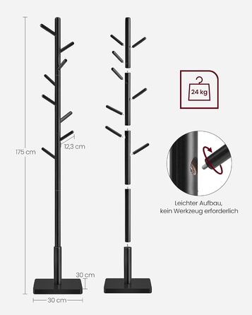 VASAGLE Coat Rack, Clothes Rack Solid Wood, Tree Shape Jacket Stand, 8 Hooks for Jackets, Hats, for Entryway, Hooks and Holding Rod made of Rubberwood, Cloud White RCR00W02 (Ink Black, 1)