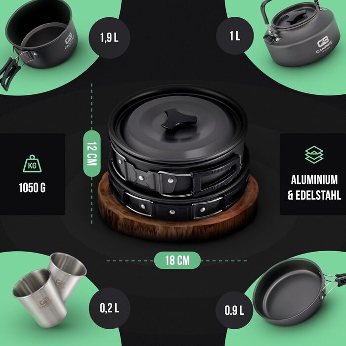 Набір посуду для кемпінгу - кухонний набір для 2 осіб з алюмінію та нержавіючої сталі