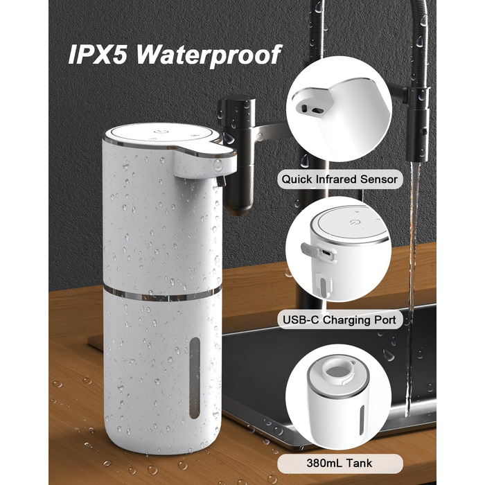 Автоматичний диспенсер для мила Dalugo USB-C, електричний сенсорний дозатор мила з 4 рівнями регулювання, для кухні та ванної кімнати, білий