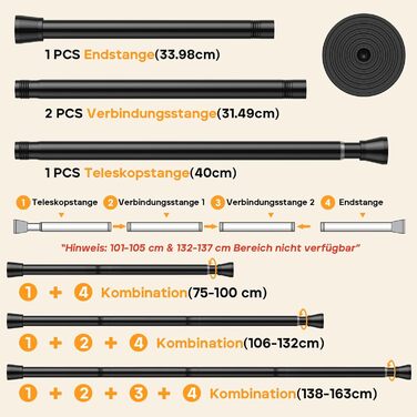 Телескопічна штанга для карнизів та душових дверей без свердління, 120-200 см (підходить для 120-196,5 см), нержавіюча сталь, регульована, чорна