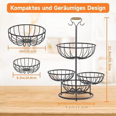 Багатоярусна фруктова корзина PouHenier.jh 5 ярусів, чорна, для фруктів та овочів з підставкою для бананів
