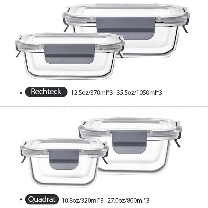 Набір скляних контейнерів для зберігання їжі GENICOOK 24 шт. з кришкою. Набір скляних контейнерів для продуктів, Meal Prep, герметичні контейнери для кухні сірого кольору.