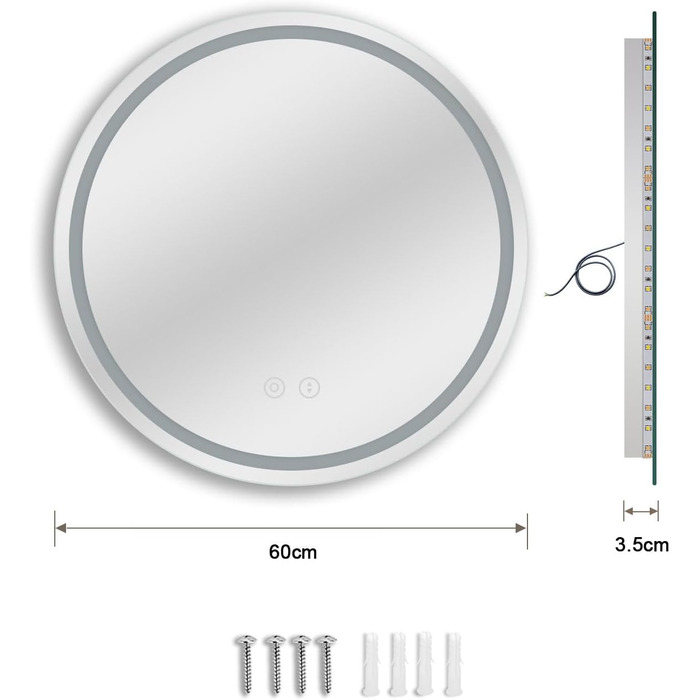 Дзеркало для ванної кімнати Dripex круглої форми з підсвічуванням LED, сенсорне керування, регулювання яскравості, 3 кольори світла, запобігання запотіванню, 60x60 см