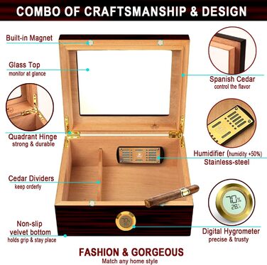 Вишуканий цигарковий вологий ящик (гумодор) ручної роботи з іспанського кедра, цифровим гігрометром, зволожувачем та роздільниками. Подарунок для чоловіків (30-50 сигар). Чорний колір.