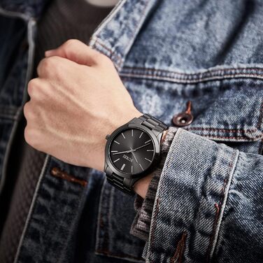 Годинник чоловічий BUREI чорний мінімалістичний кварцовий на зап'ястя для чоловіків 44мм, елегантний годинник зі сталевим браслетом