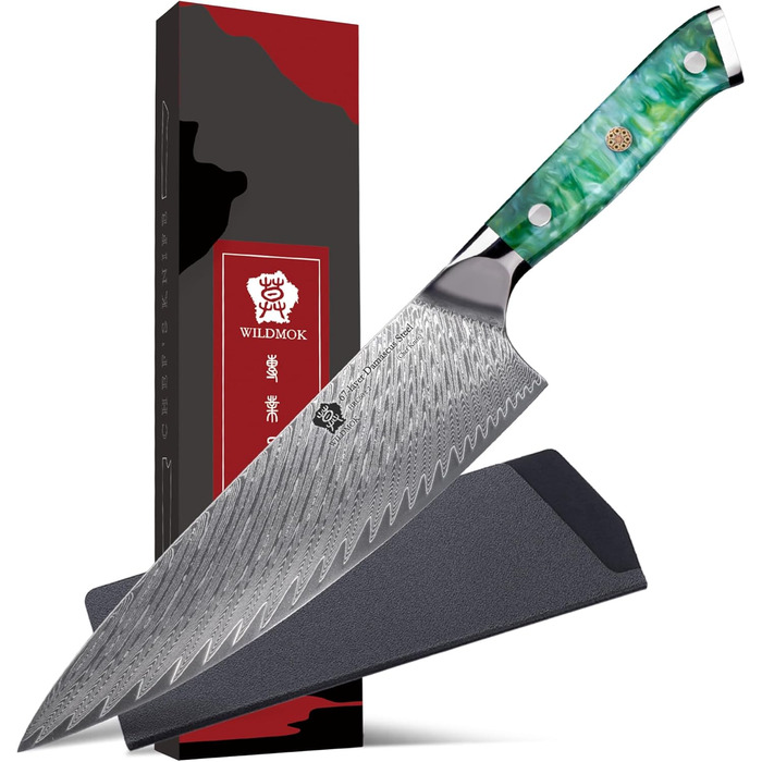 Японський ніж WILDMOK Santoku 20см з дамаської сталі, VG10, ручка з зеленого пластику