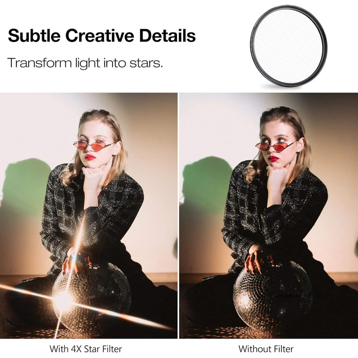 Фільтр для об'єктива камери 77 мм зірковий ефект 6 променів, зірковий фільтр, оптика, зірковий ефект, регульований, алюмінієвий корпус