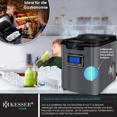 Машина для приготування льоду KESSER® з нержавіючої сталі, 150W, 12 кг/24 год, 3 розміри кубиків, 2.2 л резервуар, таймер, LCD-дисплей, аксесуари, чорний/антрацит