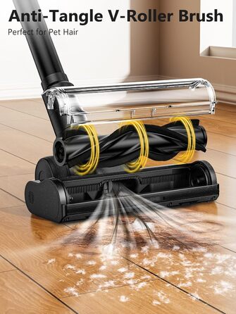 Бездротовий акумуляторний пилосос 48KPa/500W/55хв з док-станцією, LED-дисплеєм та антизаплутаною насадкою для тварин, килимів, твердих поверхонь та авто, глибокий чорний колір