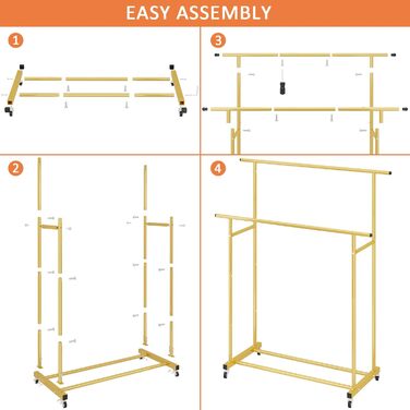 Clothes rack with double bar, rolling clothes rack, portable clothes rack for bedroom, living room, clothing store, gold