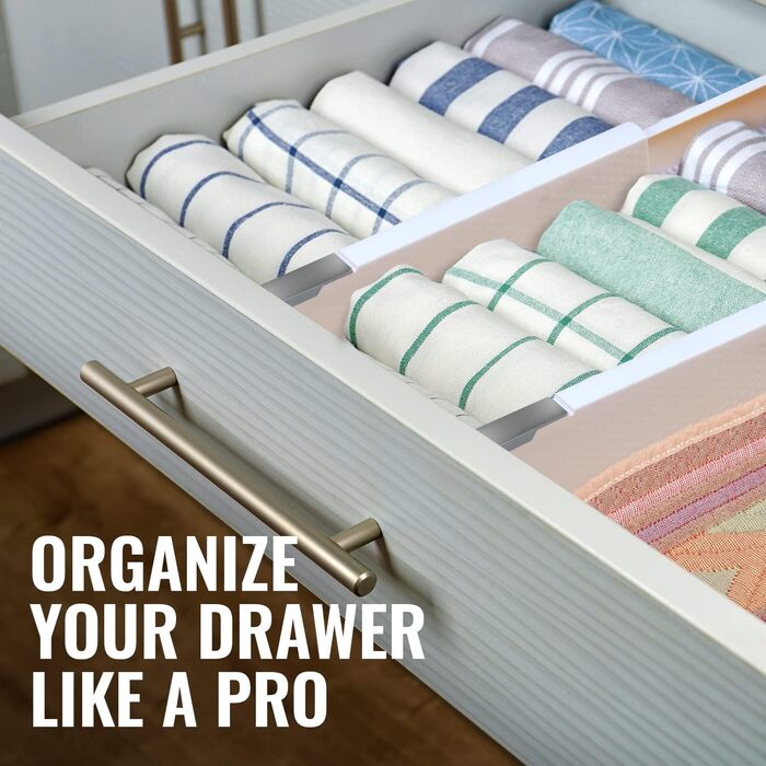 RAPTUROUS Adjustable Deep Drawer Dividers – 6 inches high, expandable 13–22 inches, 8 Pack, Non-Slip Drawer Dividers for Clothes, Dresser, Kitchen, and Office (white)