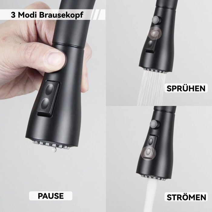 Кухонний змішувач SEMANEY з витяжною насадкою, чорний матовий, з 3 функціями, 360° обертання, з нержавіючої сталі