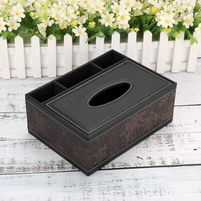 BSTKEY Rectangular Tissue Box Holder made of PU Leather with Remote Control, Storage Box (Black Flower)