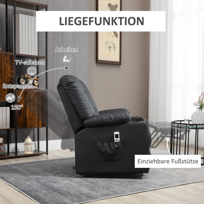 HOMCOM Massage Chair, Recliner with Rise Assist, TV Chair with USB Port, with Reclining Function, Wheels, Remote Control, Up to 150 kg, Black | Aosom