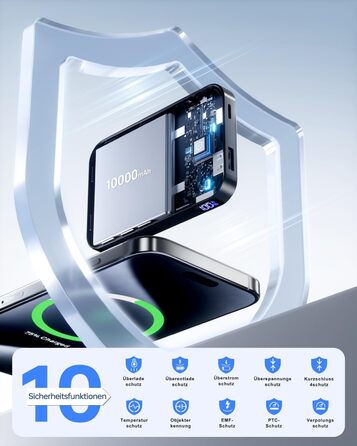 Powerbank MagSafe 10000mAh з PD 22.5W, бездротова зарядка, USB-C, LED-дисплей, чорний