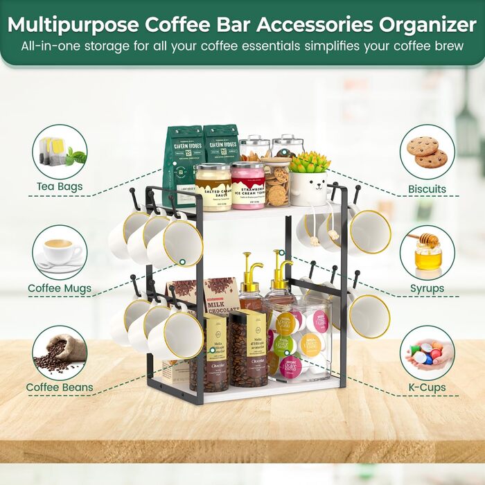 EsLuker.ly 2-Tier Mug Holder and Cup Stand, Mug Shelf for Coffee Cups, Coffee Organizer for Countertop, Coffee Station Organizer with Mug Holder, Vintage Brown-Black (14.4