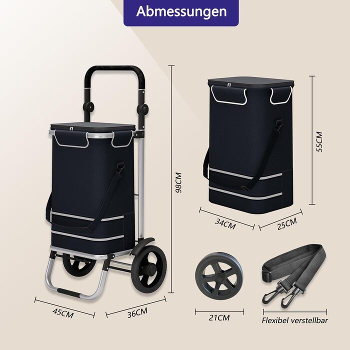 Великий колісний візок для покупок 64L, розкладний, до 60кг, з відділенням-холодильником, з відбивачем, чорний