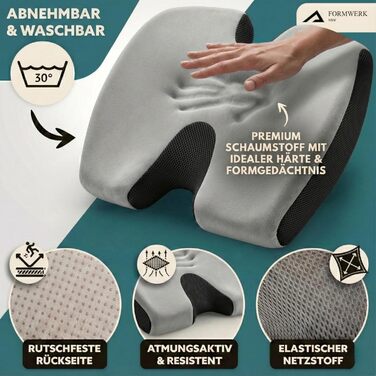Ортопедична подушка для сидіння Formwerk NRW - преміум якість, 3D Memory Foam, для офісу та авто, OEKO-TEX-100 (60-100 кг), сіра