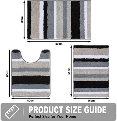 Pauwer Soft Bath Mats & Bath Rugs Set of 3, Microfiber, Non-Slip, Water-Absorbent Bathroom Rugs, Machine Washable, Bath Mat and Toilet Mat for Shower, Bathtub, and Toilet (Black) Black 50 x 80 cm + 45 x 65 cm + 50 x 60 cm